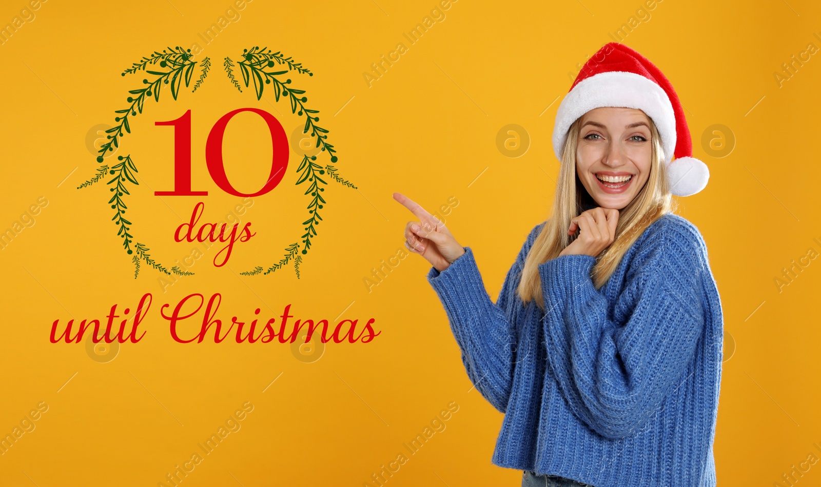 Image of Christmas countdown. Happy woman wearing Santa hat on yellow background near text