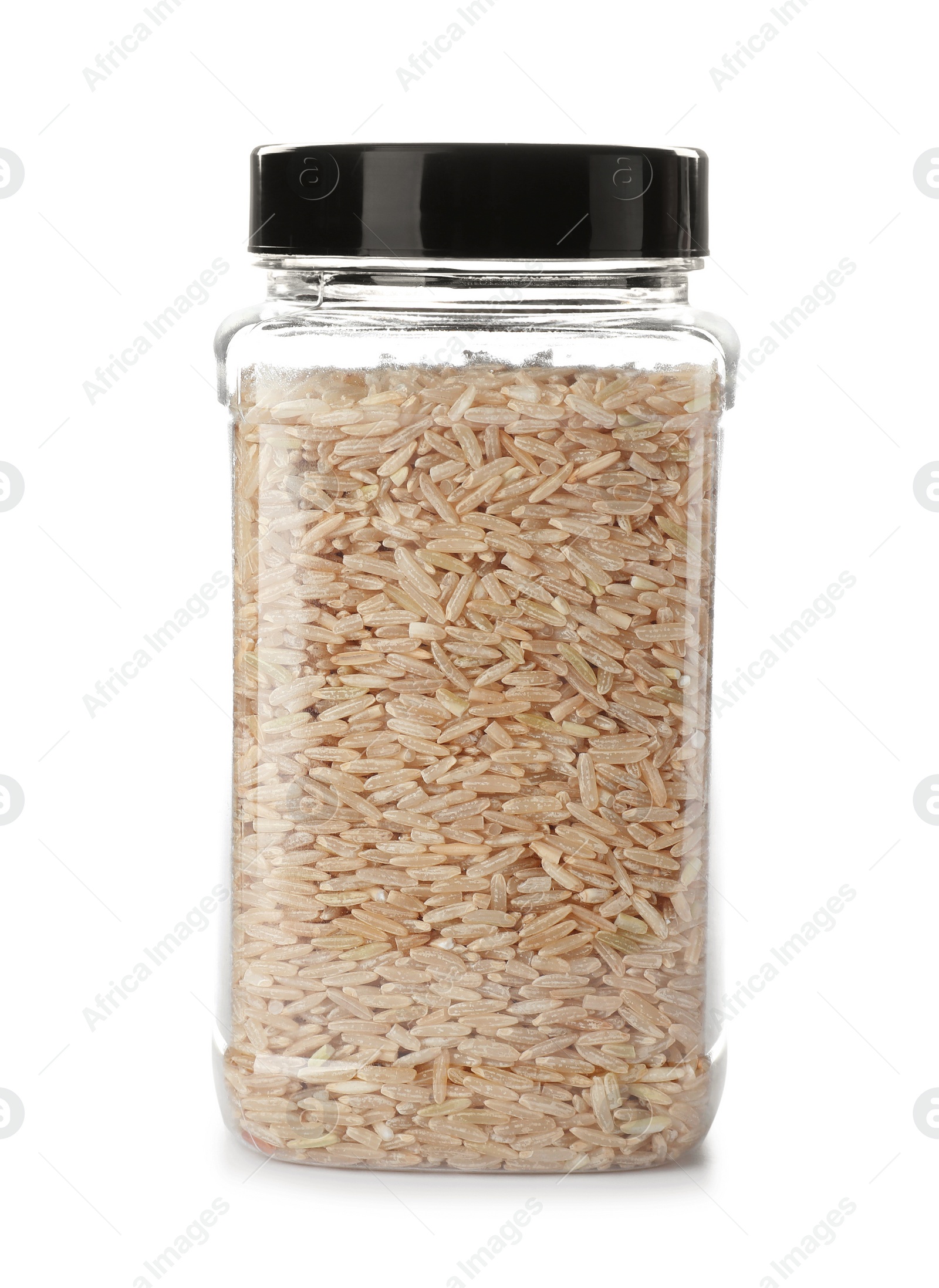 Photo of Jar with brown rice on white background