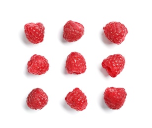 Delicious ripe raspberries on white background, top view