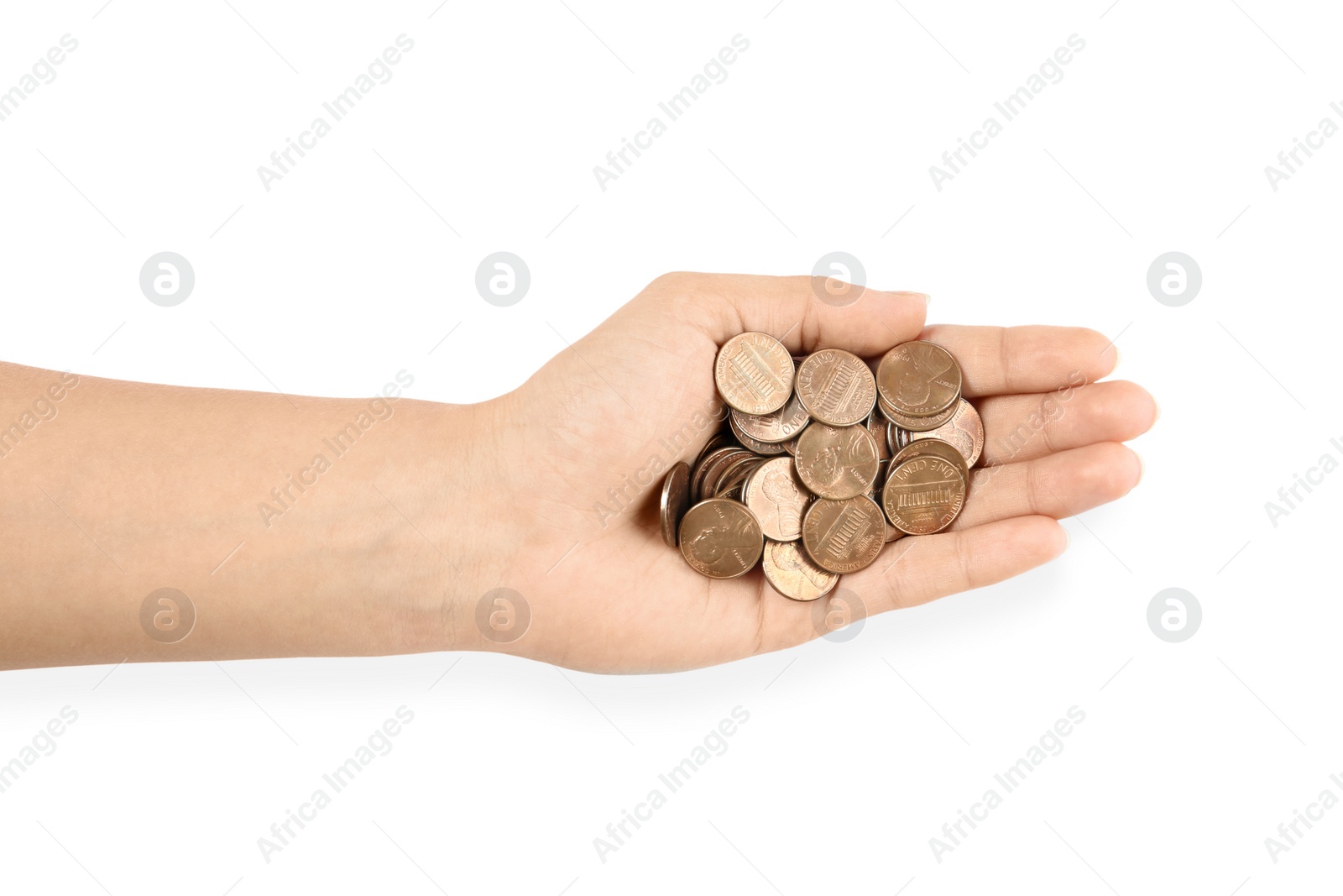 Photo of Young woman holding coins on white background, top view