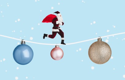 Image of Christmas art collage with Santa Claus running on rope with festive balls against light blue snowy background