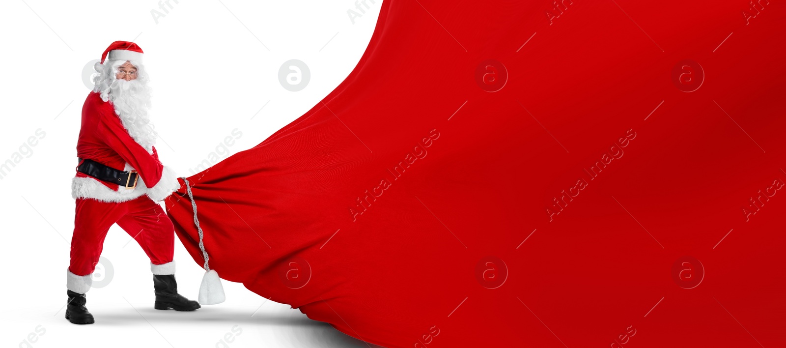 Image of Santa Claus with big red bag full of Christmas presents on white background, banner design