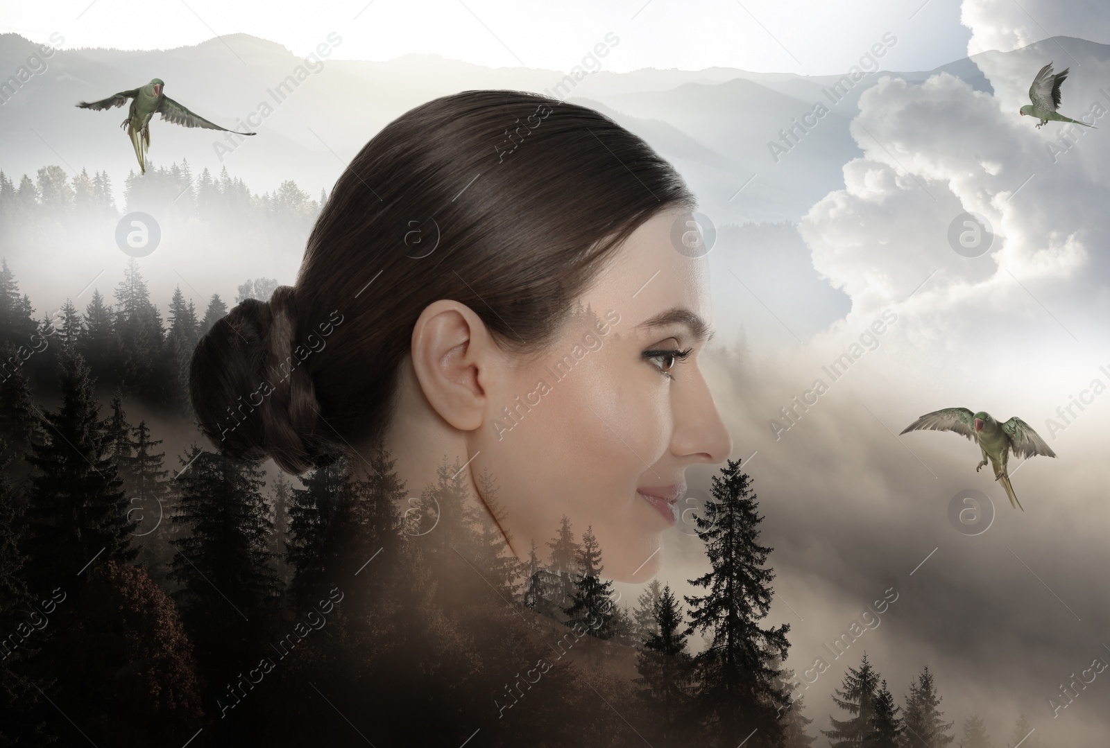 Image of Double exposure of pretty woman and mountain landscape. Beauty of nature