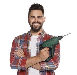 Photo of Young man with power drill on white background