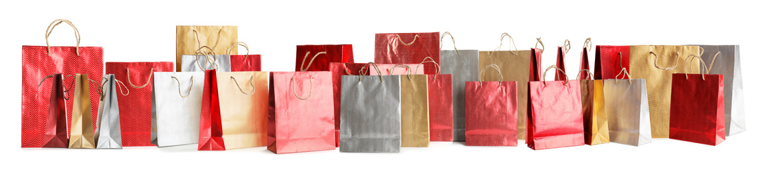 Image of Set of paper shopping bags on white background. Banner design