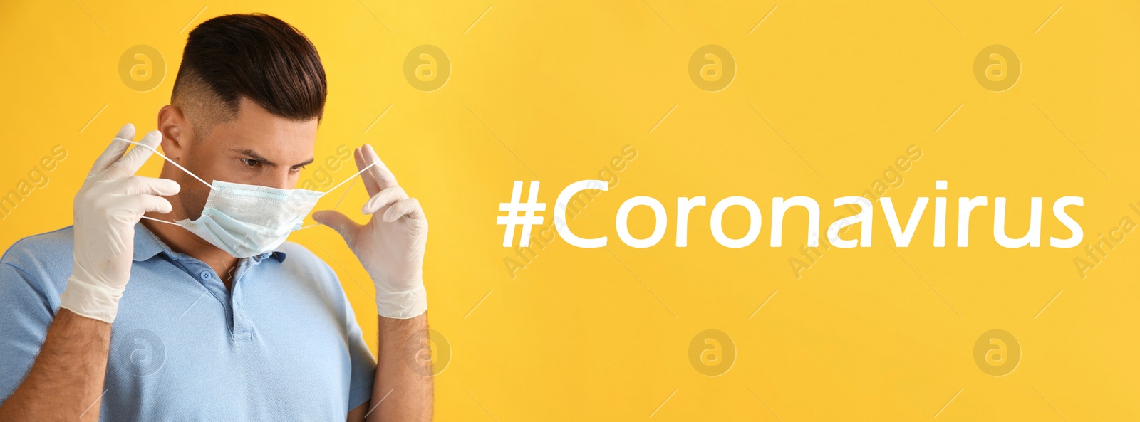 Image of Man wearing protective mask near hashtag Coronavirus on yellow background, banner design