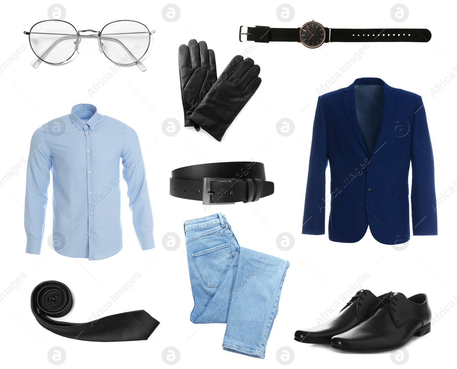 Image of Stylish look. Collage with modern clothes, gloves and other accessories for man on white background, banner design 