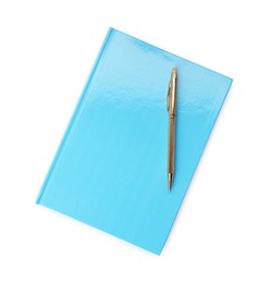Photo of Light blue planner with pen isolated on white, top view