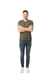 Full length portrait of handsome man posing on white background