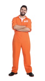 Photo of Happy prisoner in special jumpsuit on white background