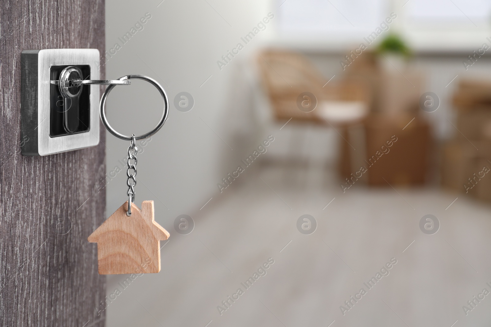 Photo of Mortgage and real estate. Open door with key and house shaped keychain against blurred background, space for text