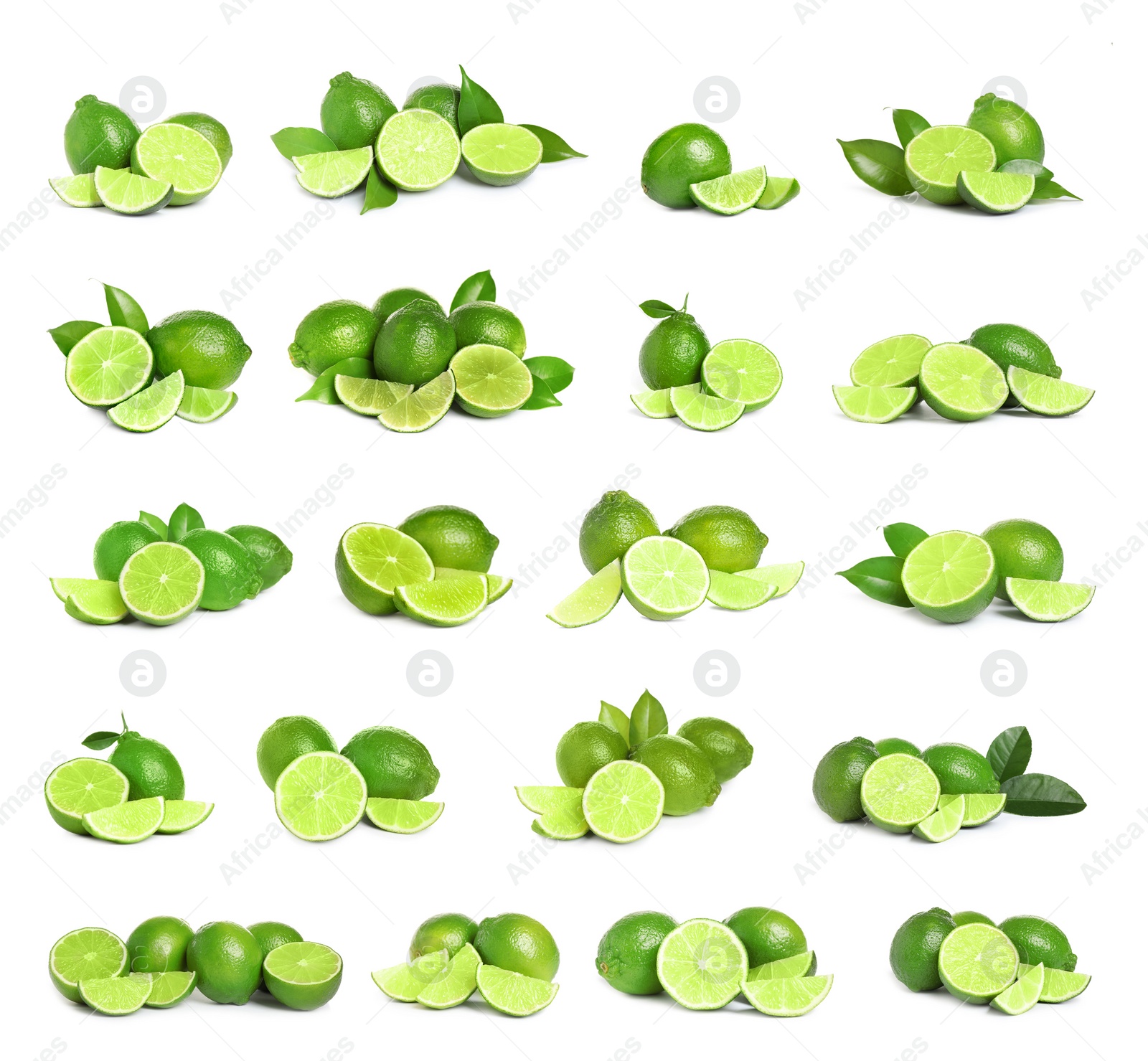 Image of Set of fresh ripe limes on white background