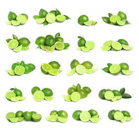 Image of Set of fresh ripe limes on white background