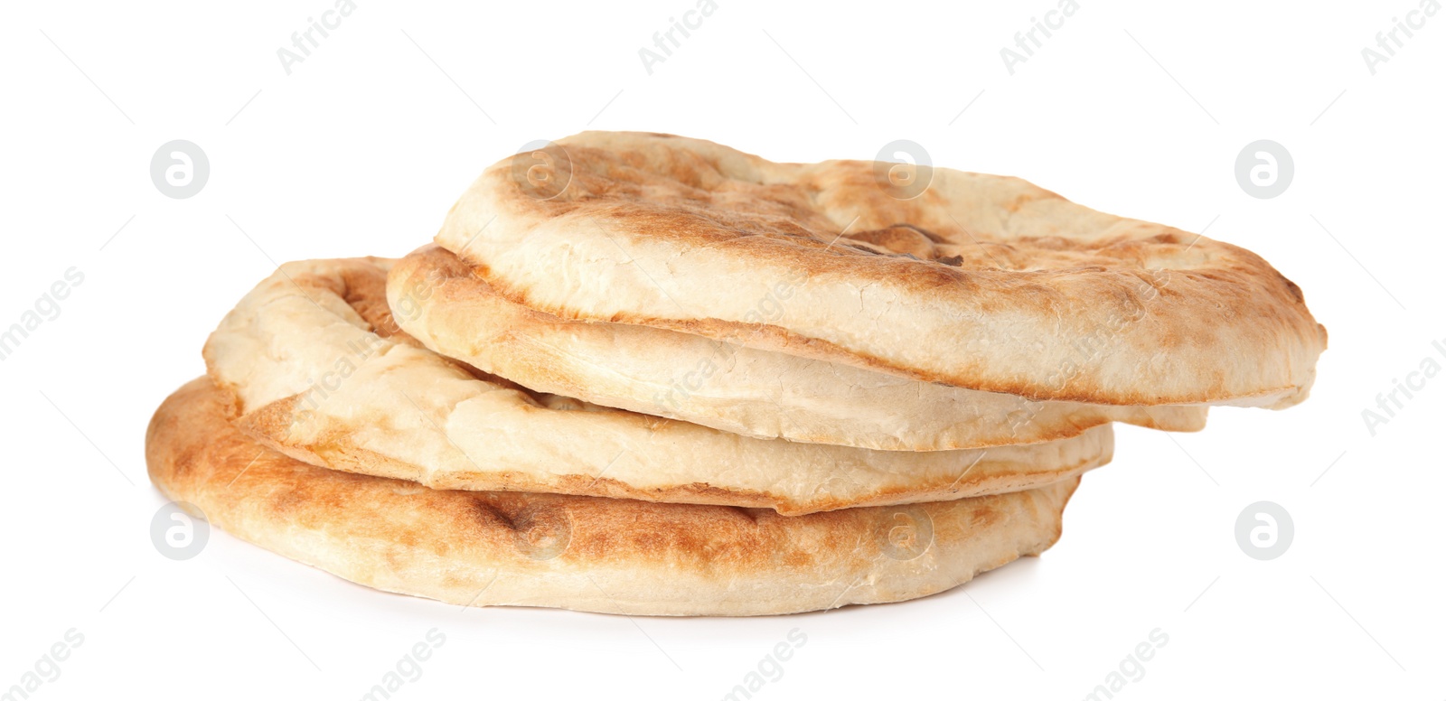 Photo of Loaves of delicious fresh pita bread on white background