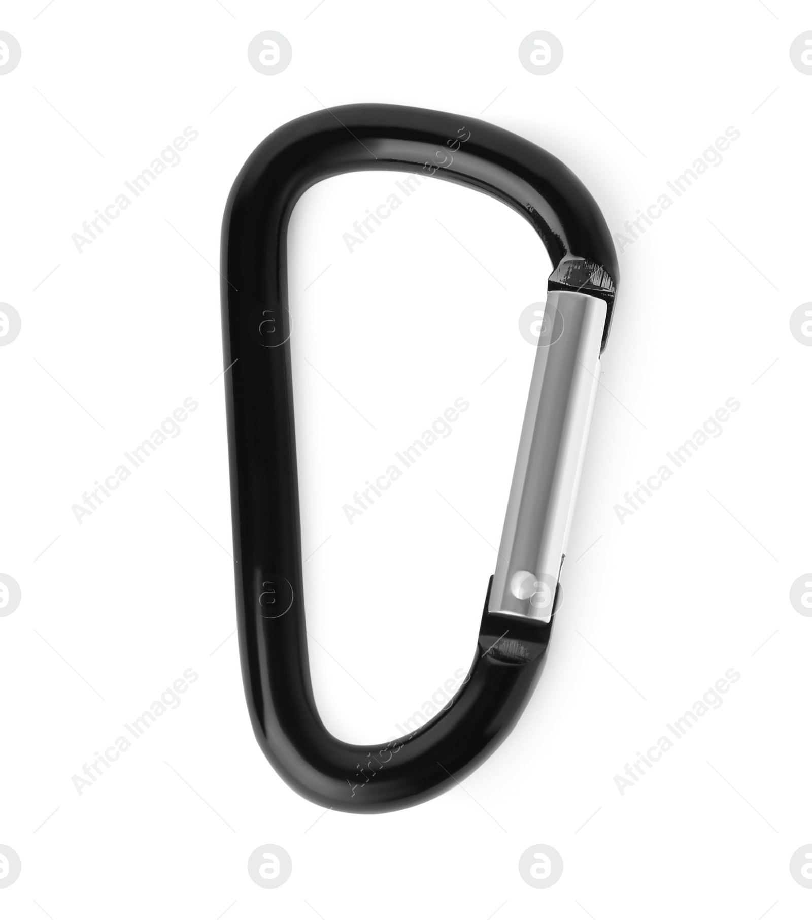 Photo of One black carabiner isolated on white, top view