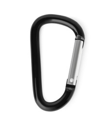 Photo of One black carabiner isolated on white, top view