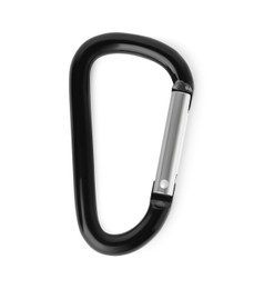 One black carabiner isolated on white, top view