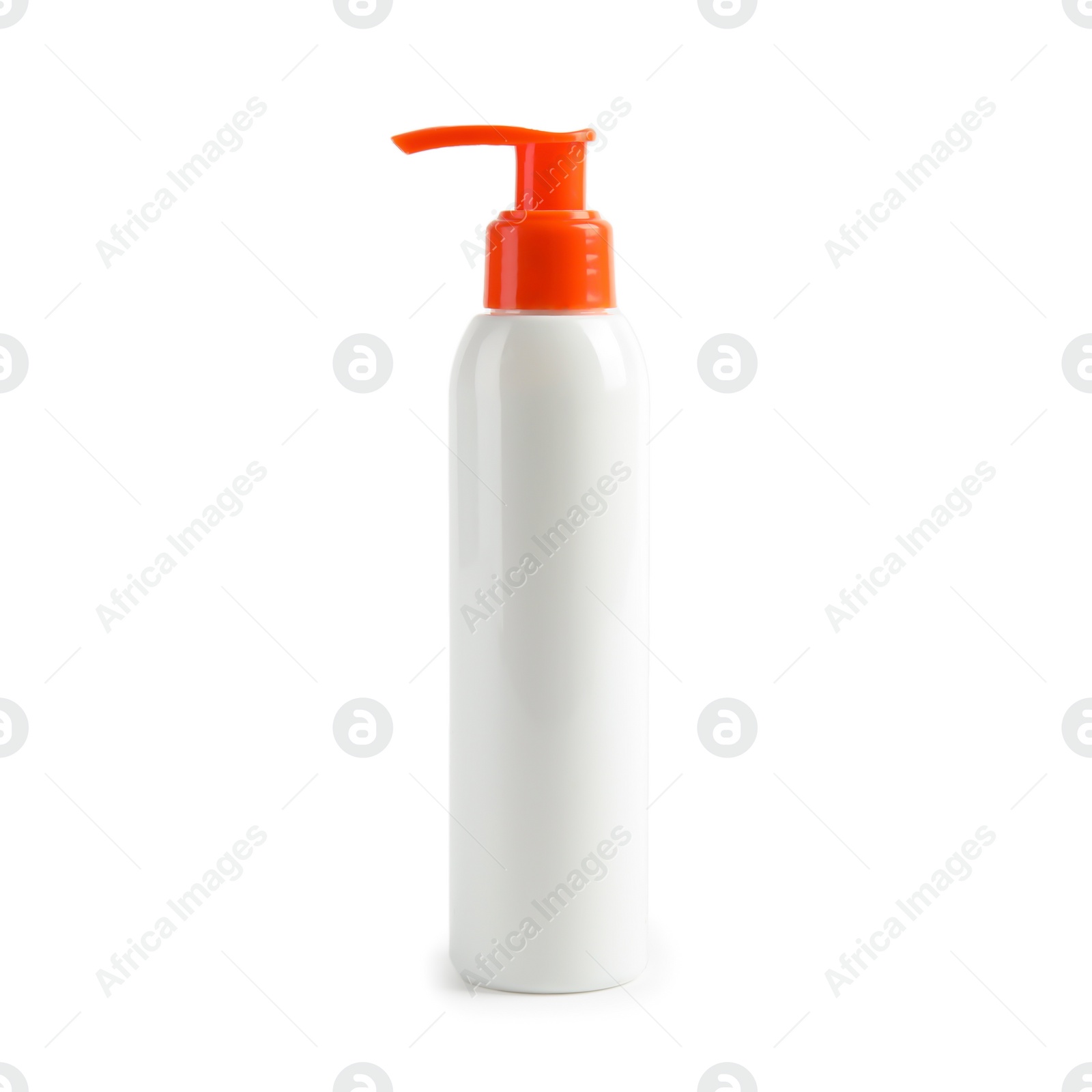 Photo of Bottle with sun protection body cream on white background