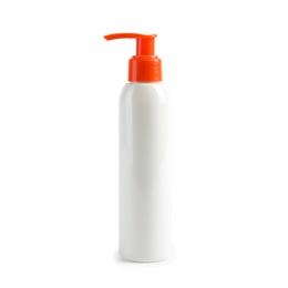 Photo of Bottle with sun protection body cream on white background