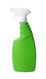 Photo of Green spray bottle of cleaning product isolated on white