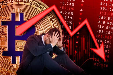 Image of Cryptocurrency collapse. Collage with photo of stressed trader, bitcoin and data charts