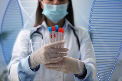 Image of Genetic testing. Laboratory worker with test tubes and illustration of DNA structure, double exposure