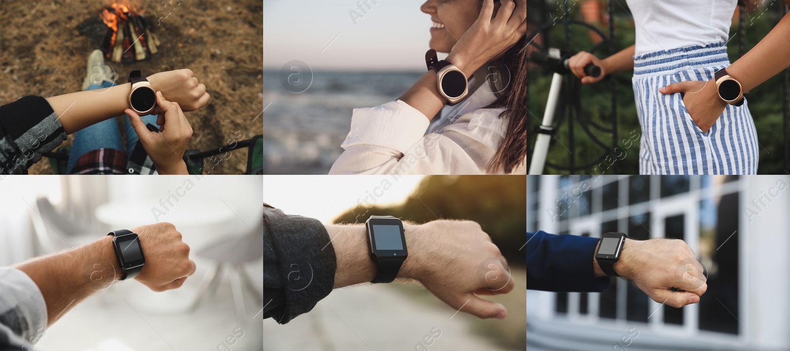 Image of Photos of people using different smart watches, closeup. Collage design 