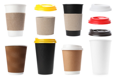 Image of Set of paper coffee cups on white background