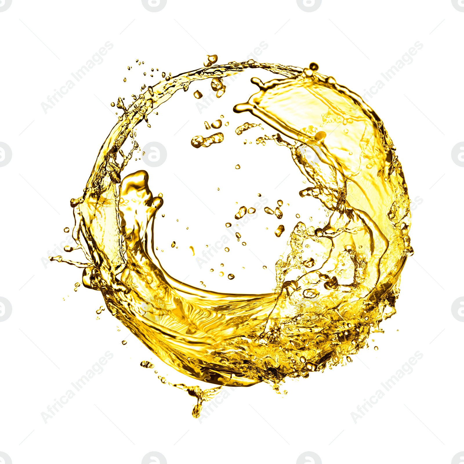 Image of Abstract splash of golden oily liquid on white background