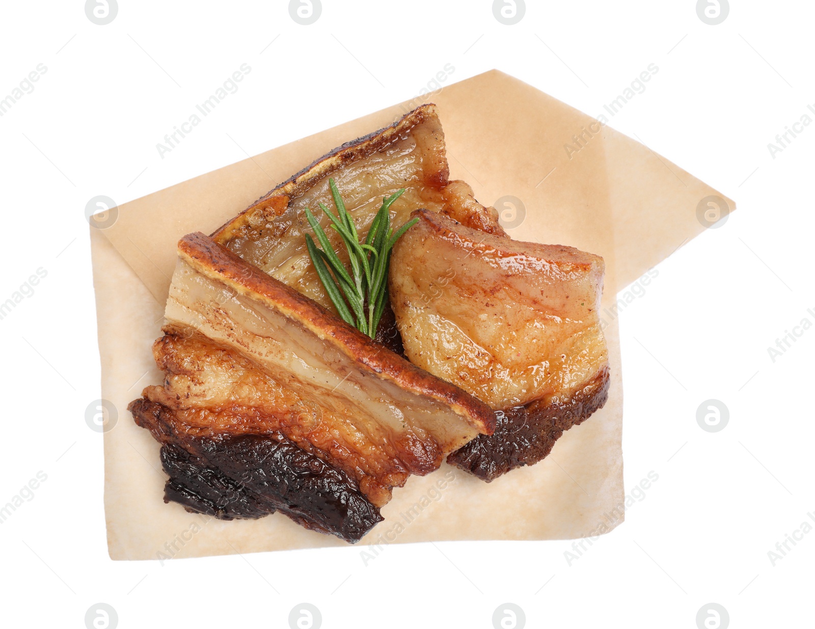Photo of Tasty fried pork lard with rosemary isolated on white