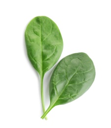 Fresh green leaves of healthy baby spinach on white background, top view