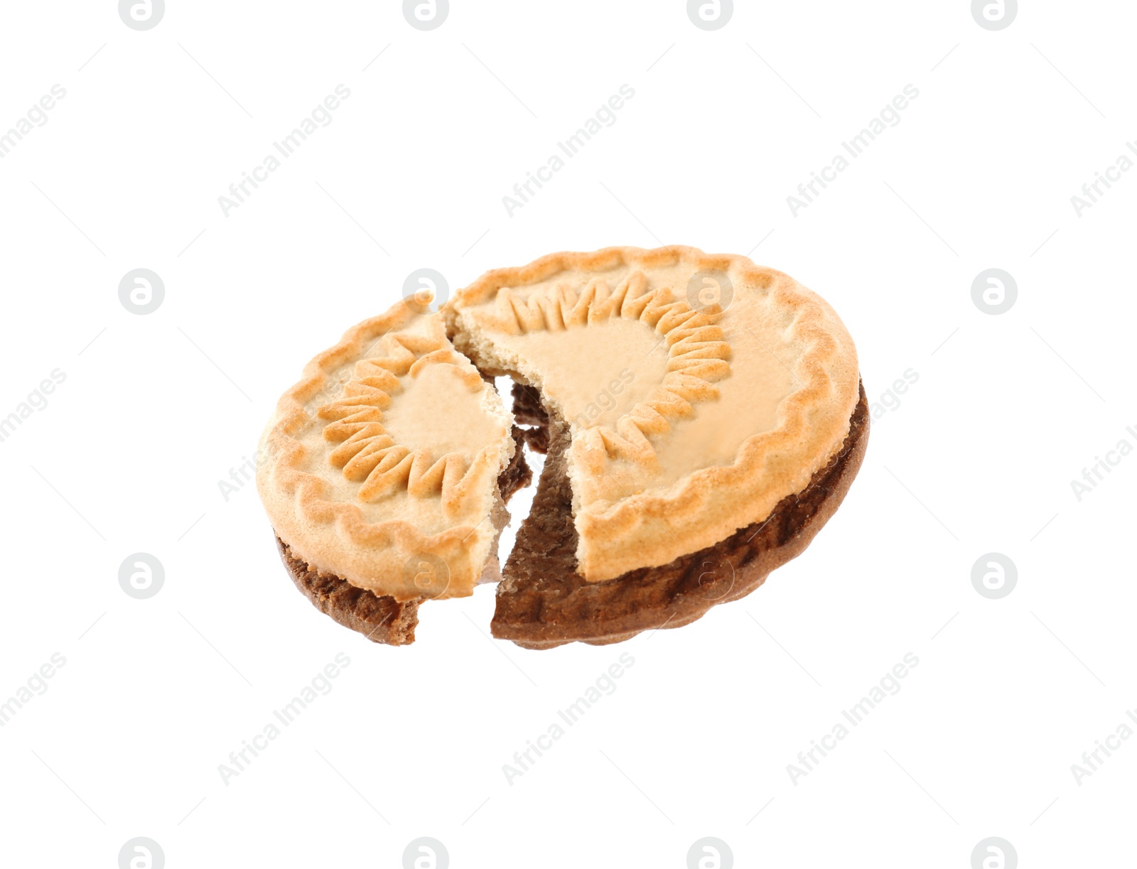 Photo of Broken tasty sandwich cookie with cream on white background