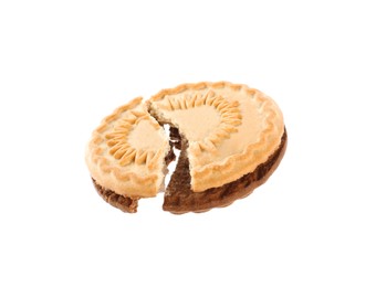 Photo of Broken tasty sandwich cookie with cream on white background