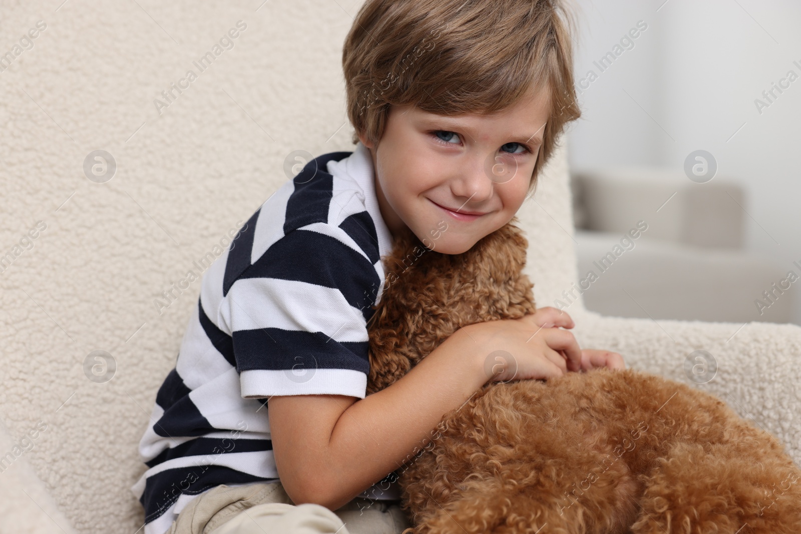 Photo of Little child with cute puppy in armchair indoors. Lovely pet