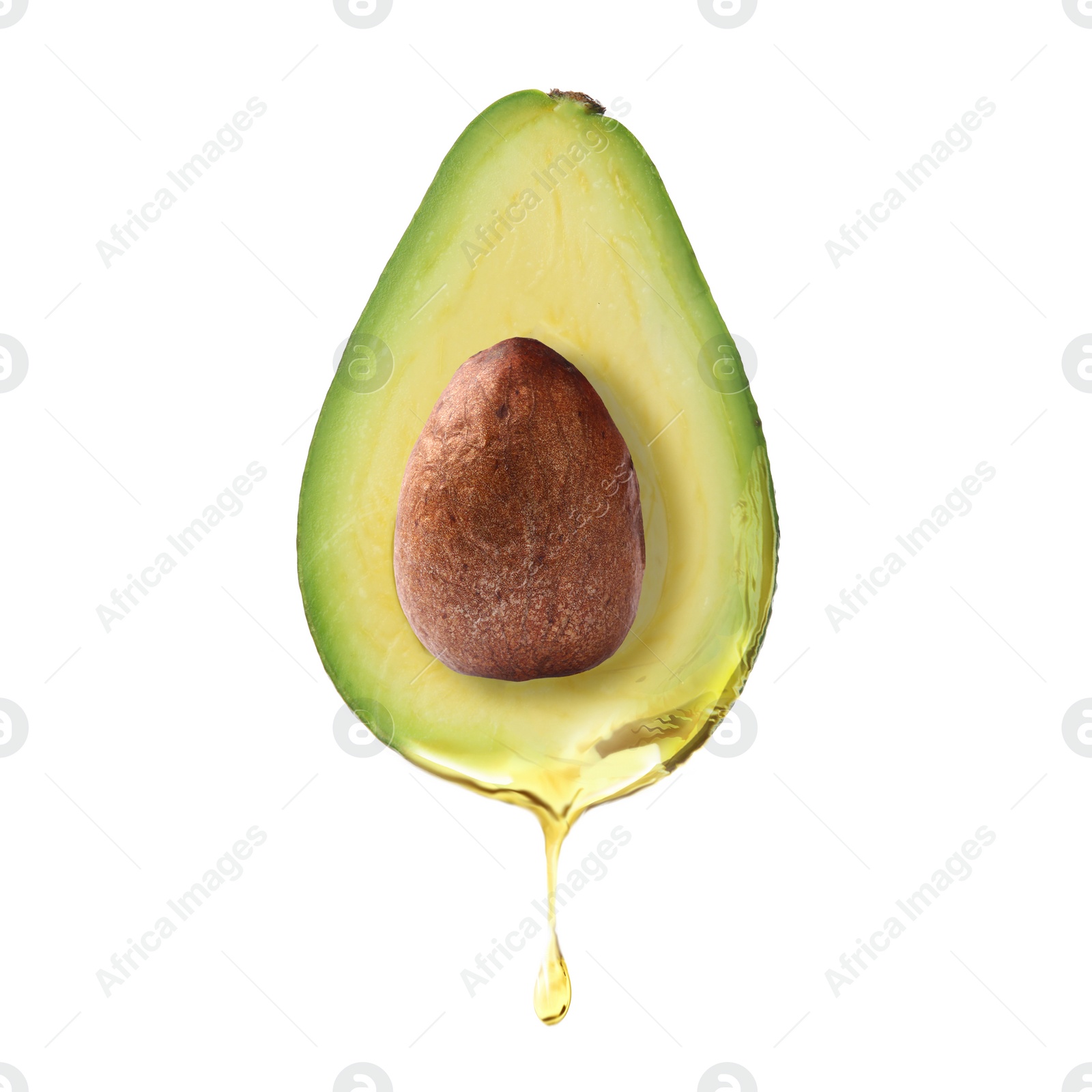 Image of Fresh avocado with dripping oil on white background