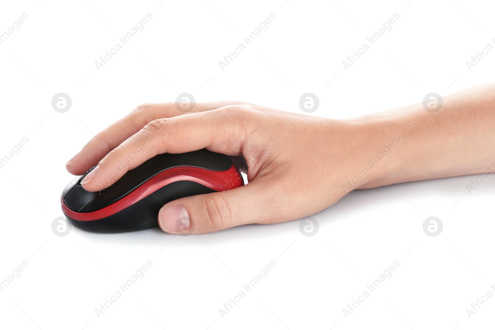 Photo of Woman using computer mouse on white background, closeup of hand