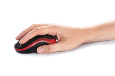 Photo of Woman using computer mouse on white background, closeup of hand