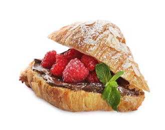 Delicious croissant with raspberries, chocolate and mint isolated on white