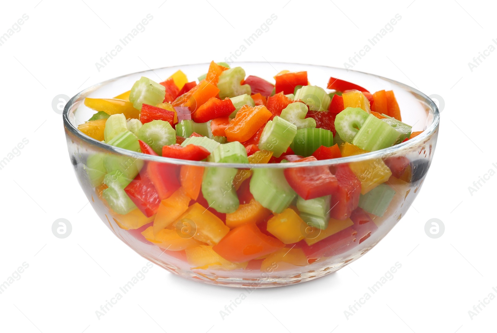 Photo of Mix of fresh chopped vegetables in glass bowl isolated on white