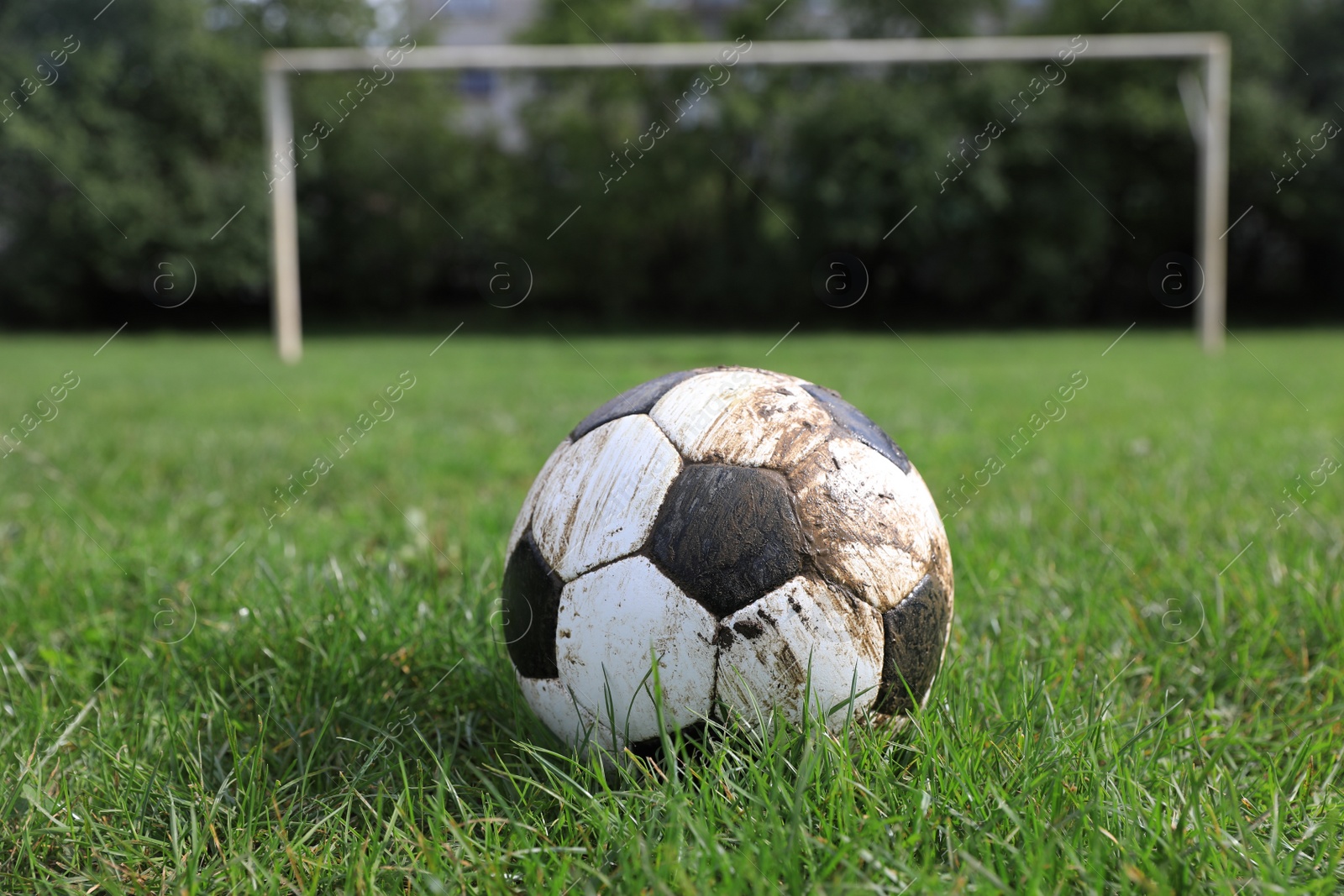 Photo of Dirty soccer ball on green grass outdoors