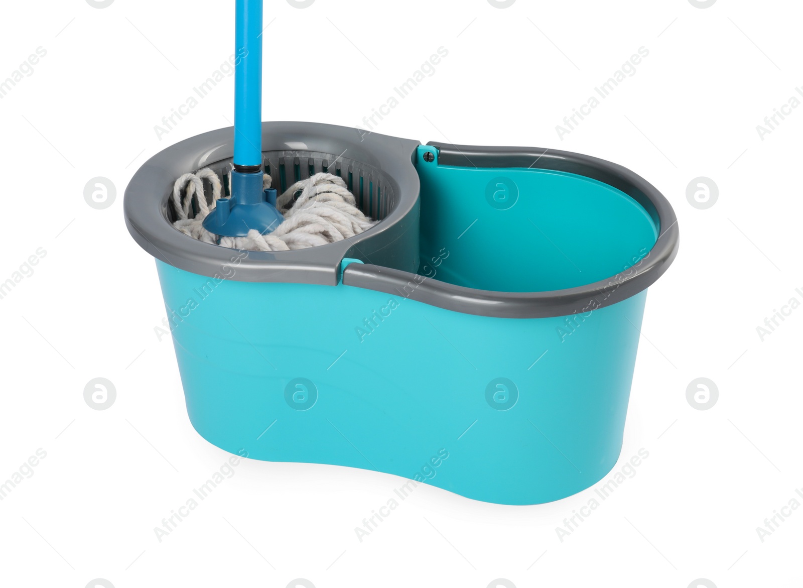 Photo of Mop and plastic bucket isolated on white