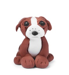 Photo of Small dog made from play dough on white background