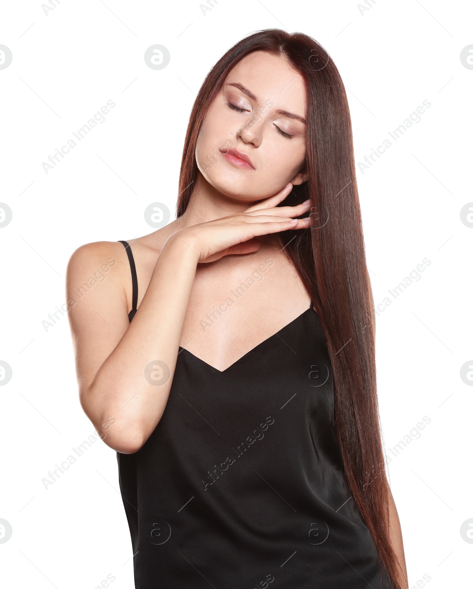 Photo of Portrait of beautiful young woman with healthy strong hair on white background