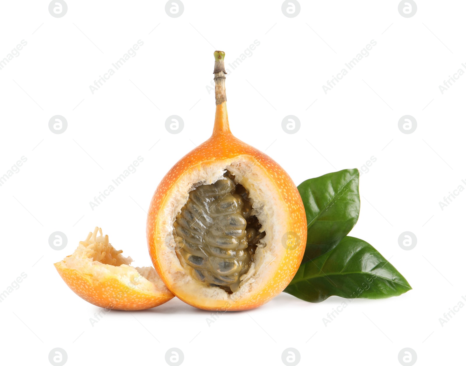 Photo of Cut delicious granadilla with leaves isolated on white