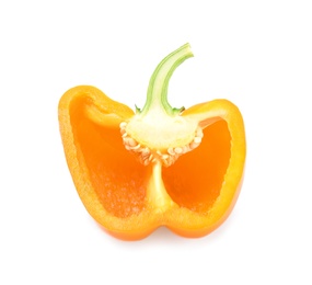 Photo of Half of orange bell pepper isolated on white, top view