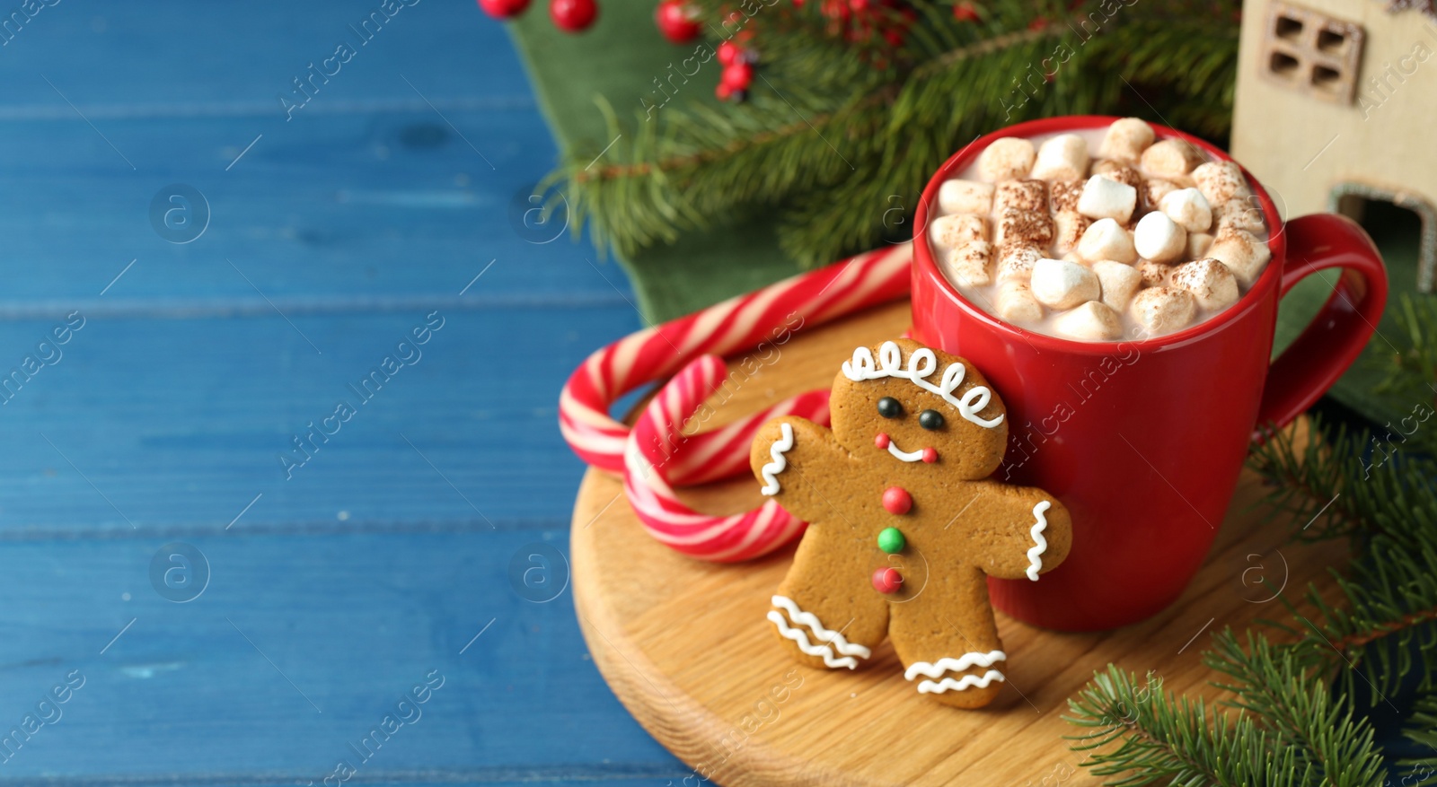 Photo of Tasty gingerbread man cookie and cocoa with marshmallows on blue wooden table. Space for text