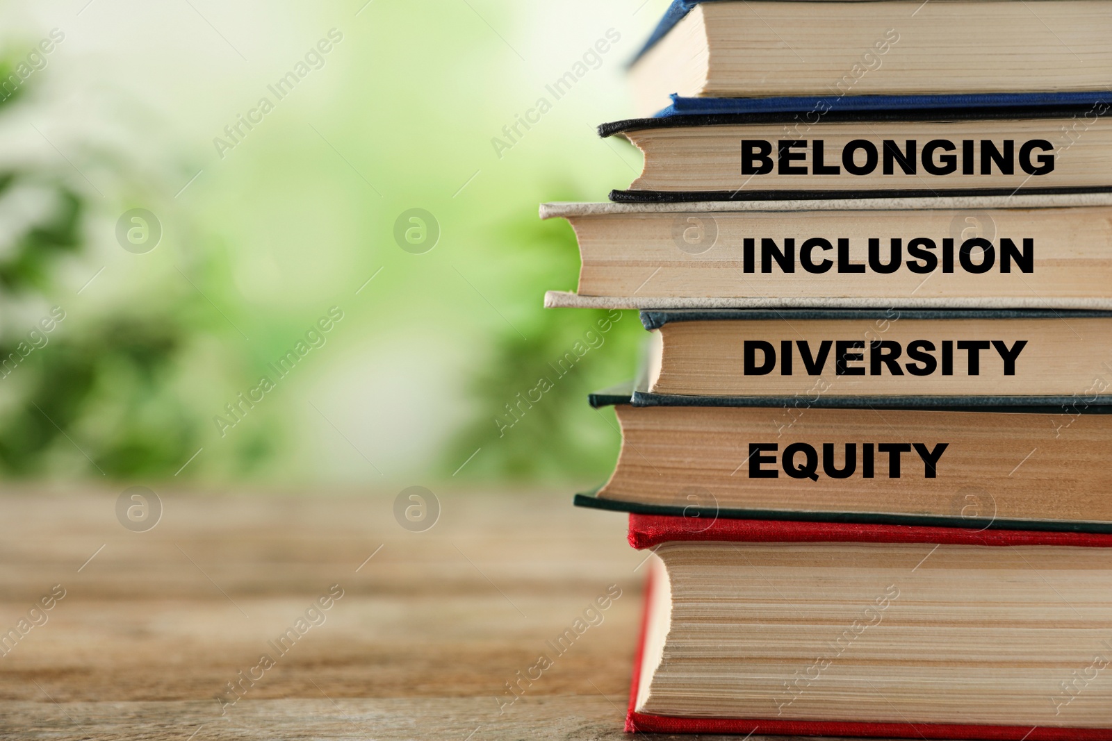 Image of Stack of hardcover books with words Belonging, Diversity, Equity, Inclusion on wooden outdoors. Space for text