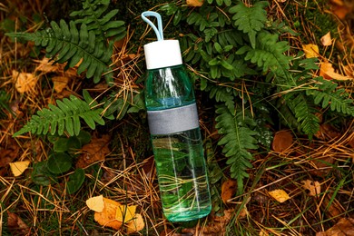 Glass bottle of fresh water on ground in forest, above view