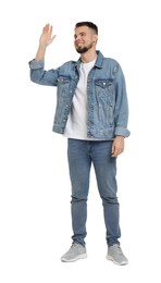 Man in denim clothes waving hand on white background