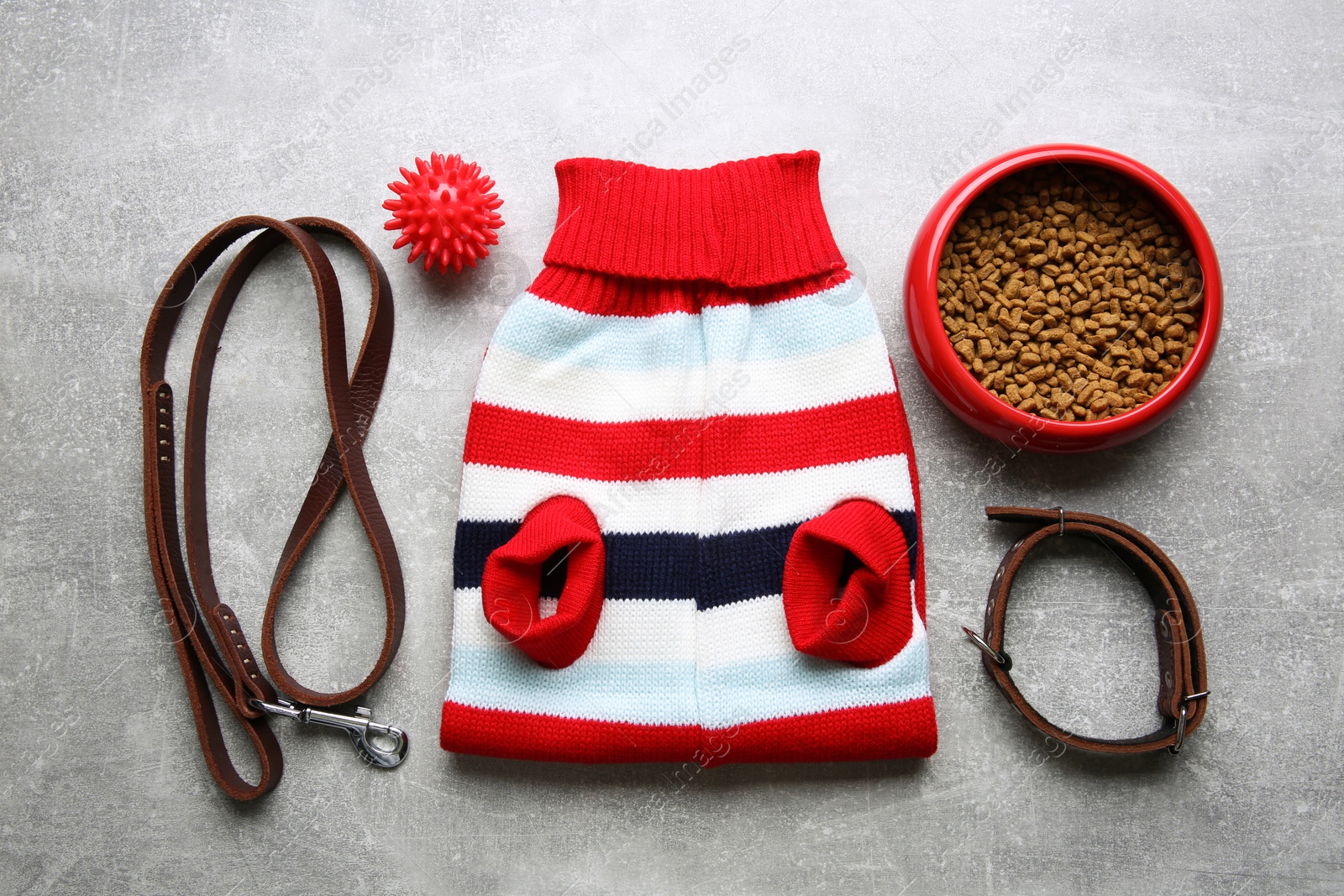 Photo of Flat lay composition with dog clothes, food and accessories on grey table